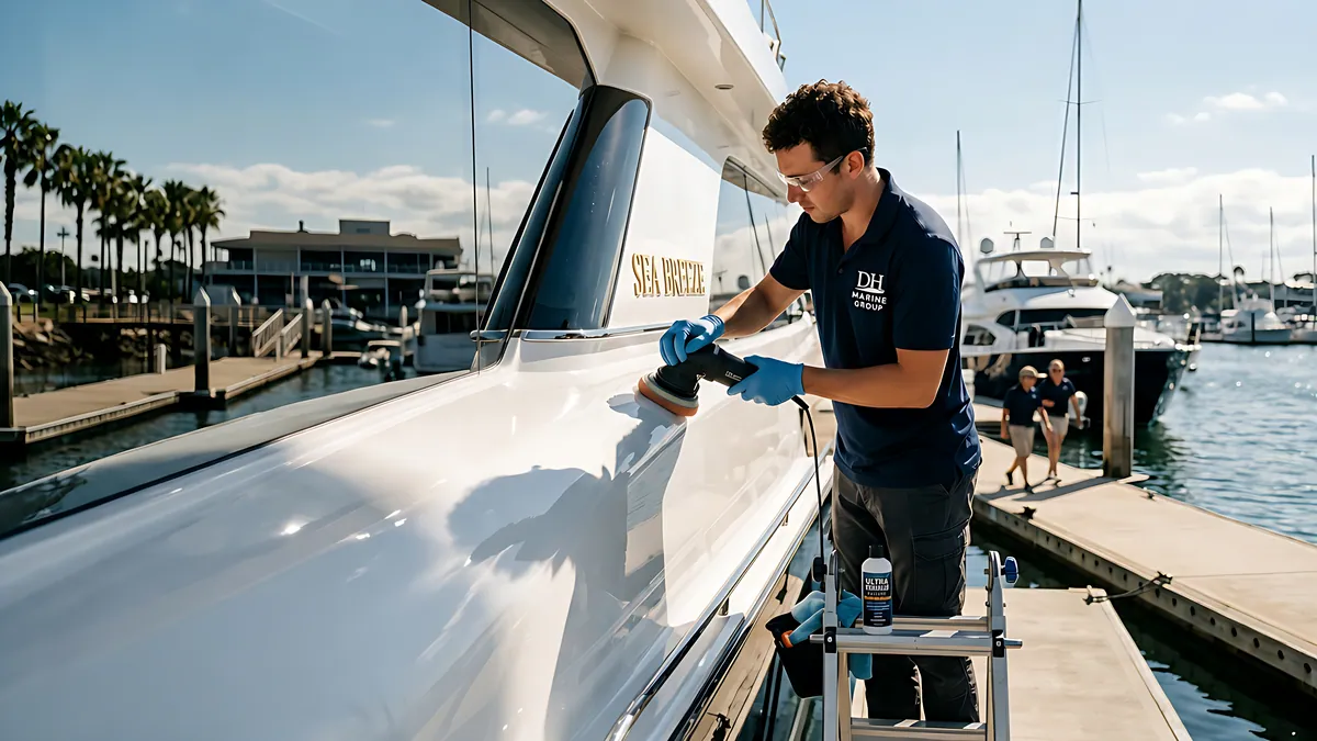 Machine polishing a yacht hull
